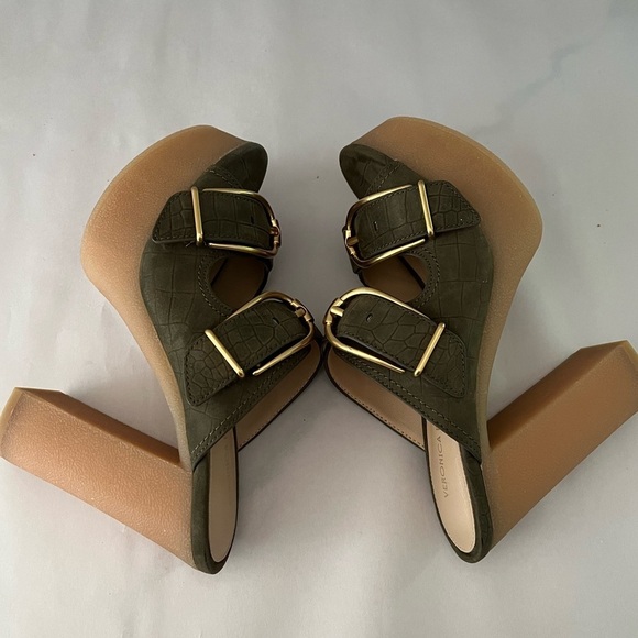VERONICA BEARD GARRICK CROCO DUAL BUCKLE PLATFORM SANDALS IN KHAKI Size 6 New - Picture 6 of 13